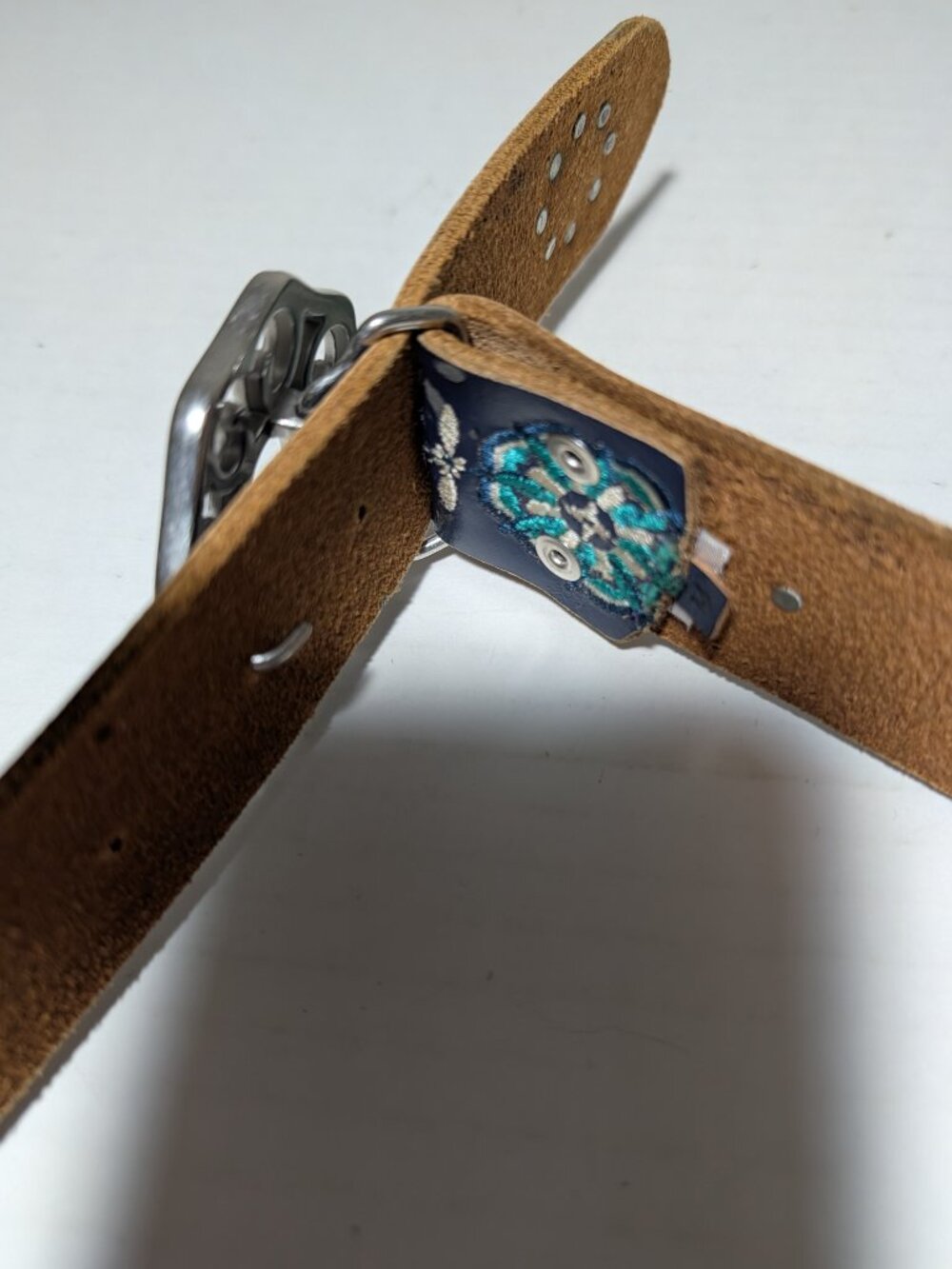 Lucky Brand Leather Embroidered Floral Belt Western Dark Blue - Picture 5 of 6